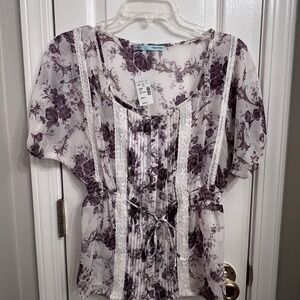 Maurices Floral Blouse with Lace - Purple and White